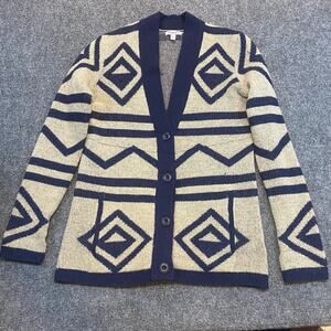 Toad and Co Womens XS 100% Lambswool Tan Navy Cardigan Sweater Diamond Print